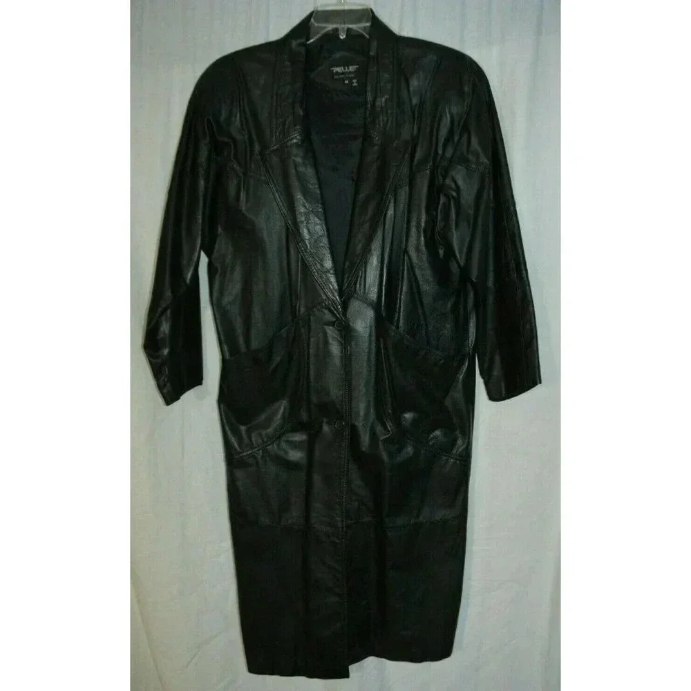 Pelle Black Leather Lined Trench Coat Size Medium Vintage 1980s